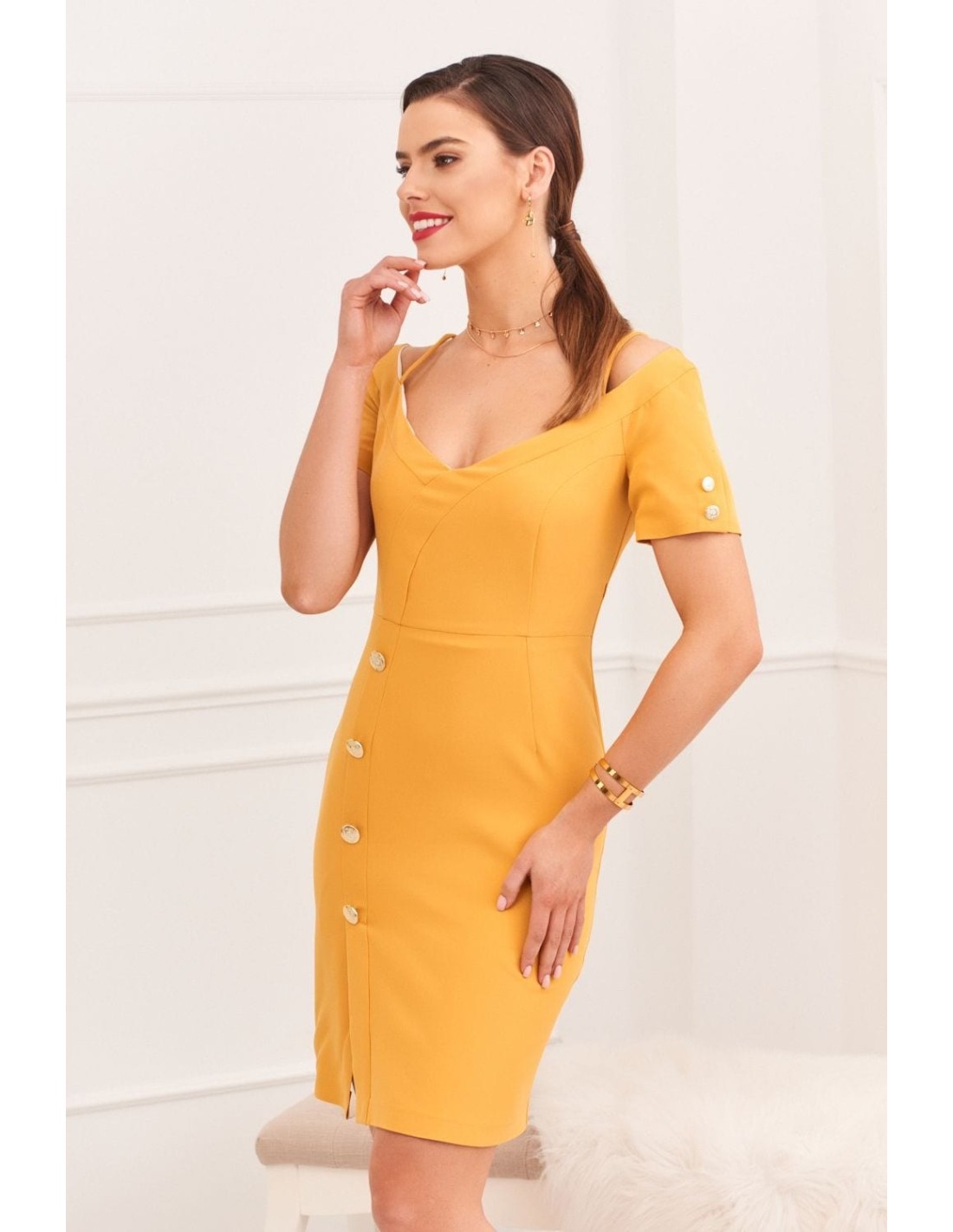 Elegant dress with a Carmen neckline, mustard 0484 - Online store - Boutique